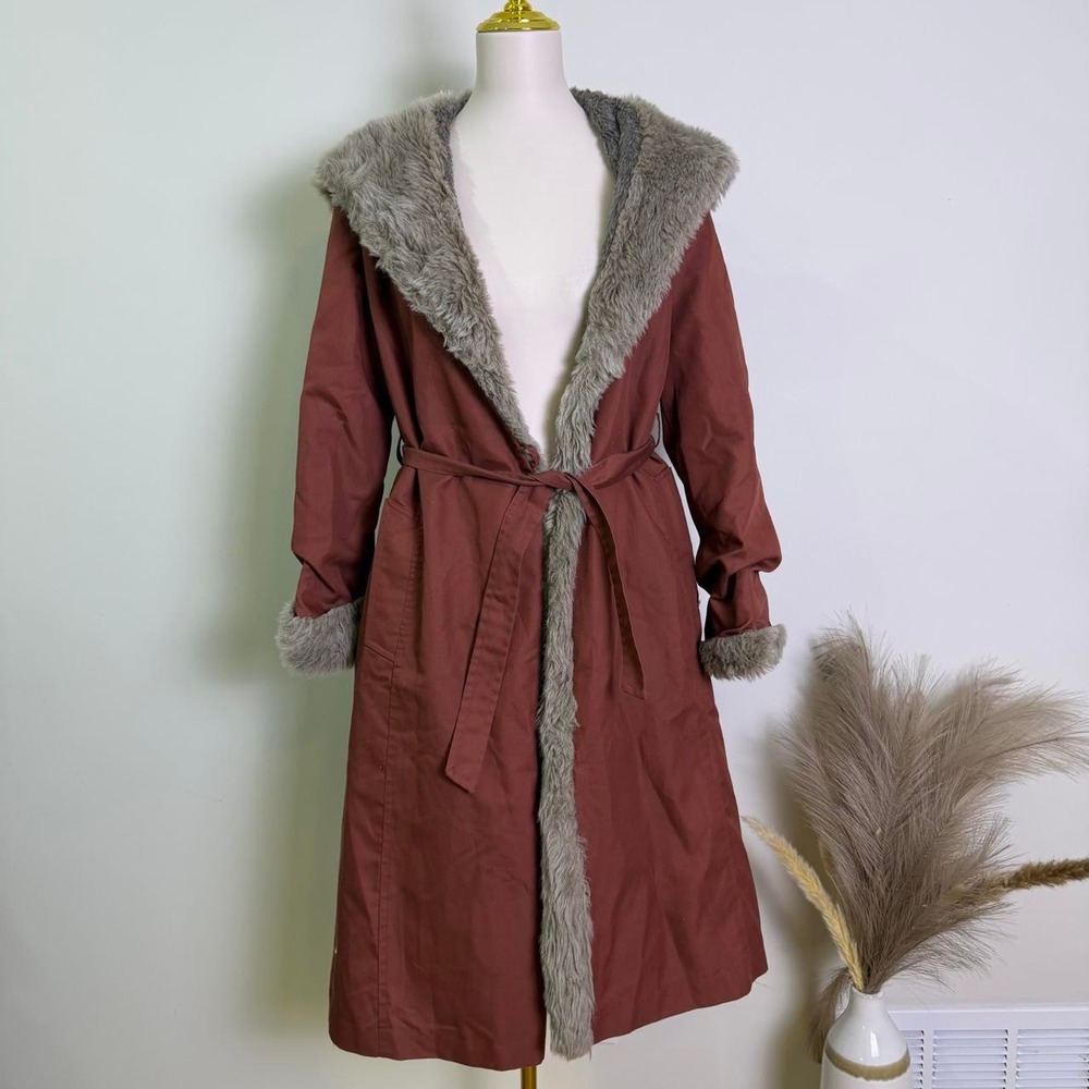 Faux Fur Lined Belted Long Trench Coat